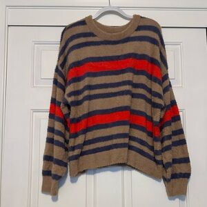 Aerie Tan and Red Striped Womens Crewneck Sweater